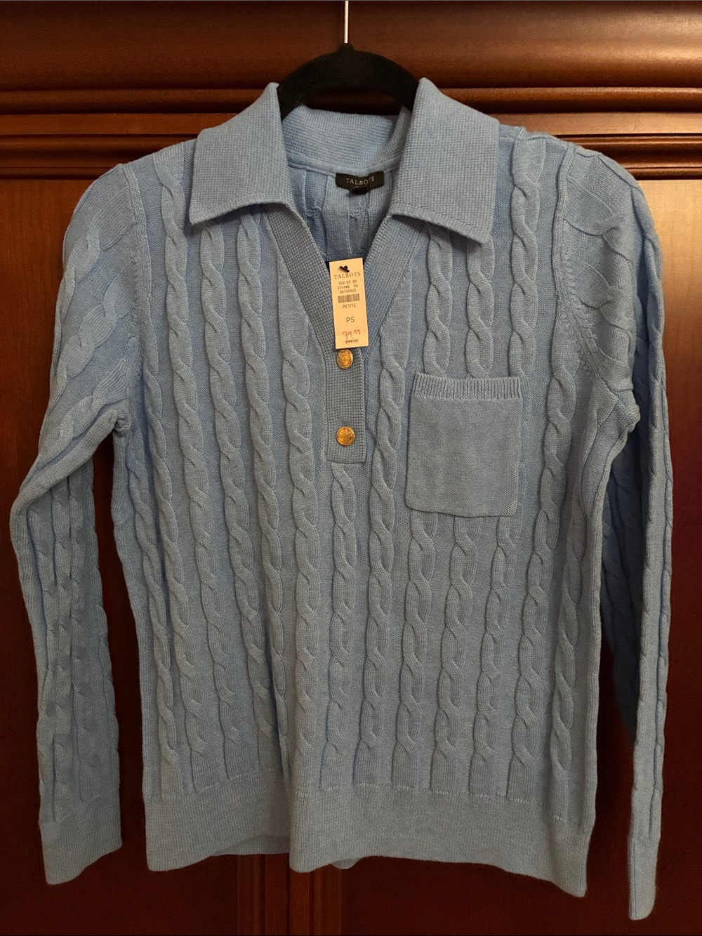 Talbots womens Light Blue Cable-Knit V-Neck Pullover with Chest Pocket